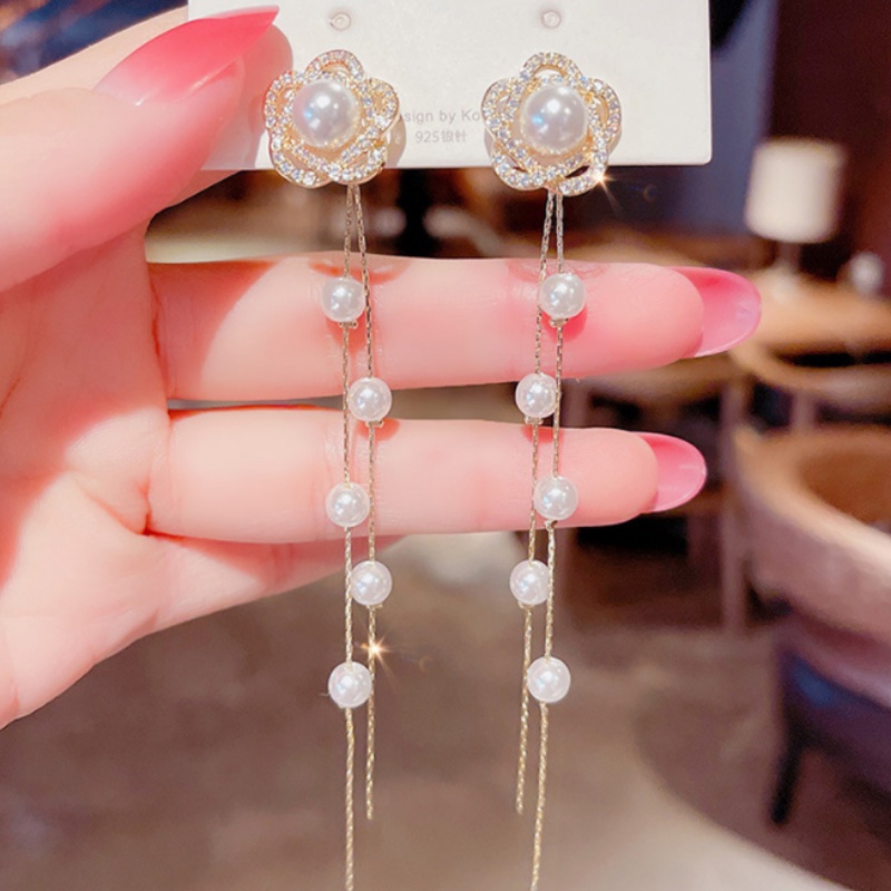 Bông Tai Dáng Dài Hình Hoa Đính Đá Pha Lê Thời Trang Hàn Quốc Cho Nữ