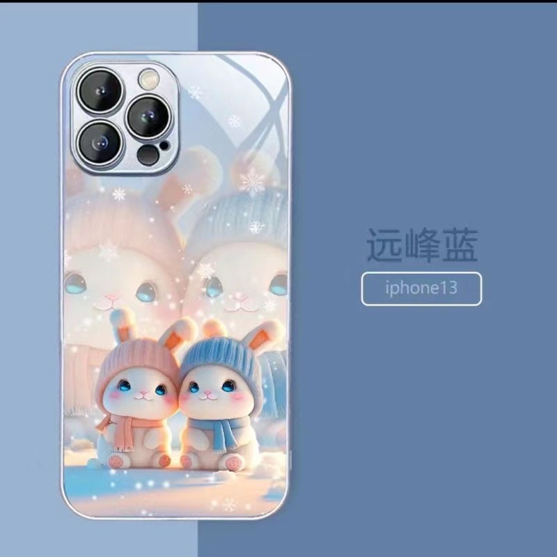 Ốp Điện Thoại Mặt Kính In Hình Thỏ Và Hoa Tuyết Cho Iphone 14 13promax 12 11pro 7 8 Plus Xsmax