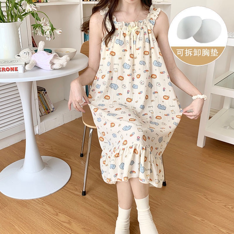 Bộ Đồ Ngủ Cotton Mỏng Màu Trơn Phong Cách Công Chúa Mùa Hè Hàn Quốc