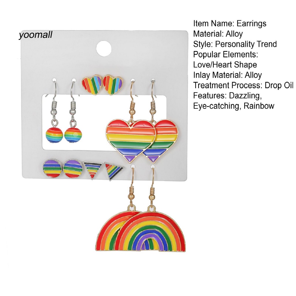 Set 6 Đôi Bông Tai Dáng Dài Bằng Hợp Kim Màu Sắc Cầu Vồng Thời Trang Cho Nam Và Nữ