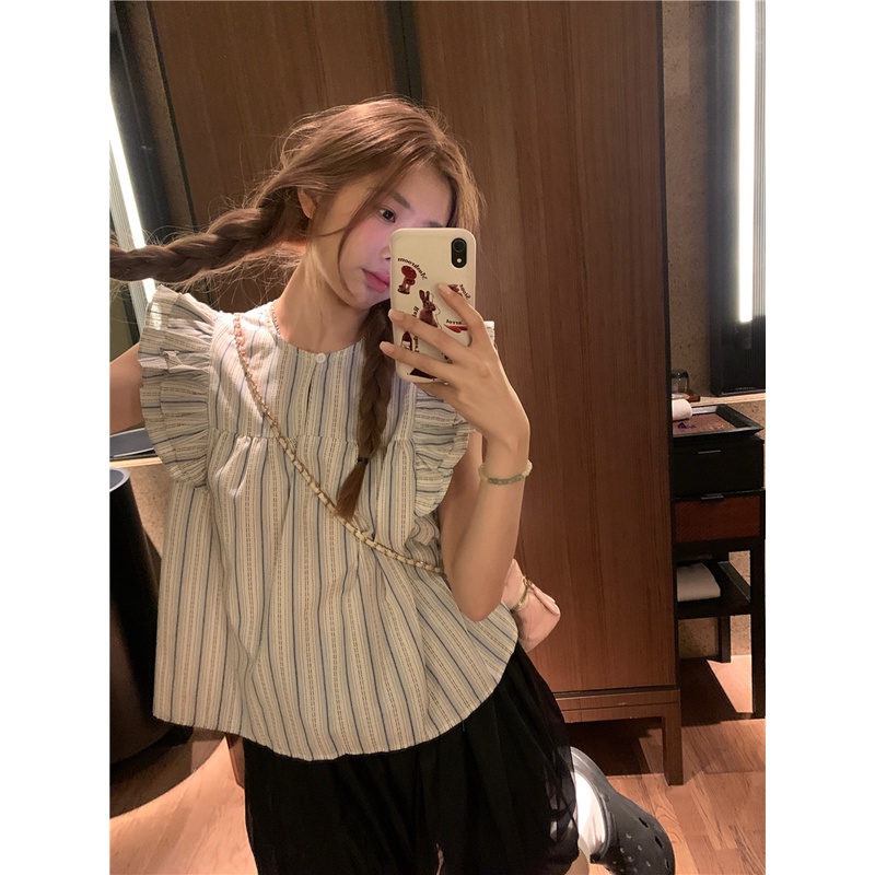 SUXI Áo Sơ Mi Tay Cánh Tiên Dáng Rộng Họa Tiết Kẻ Sọc Phong Cách Vintage Hàn Quốc