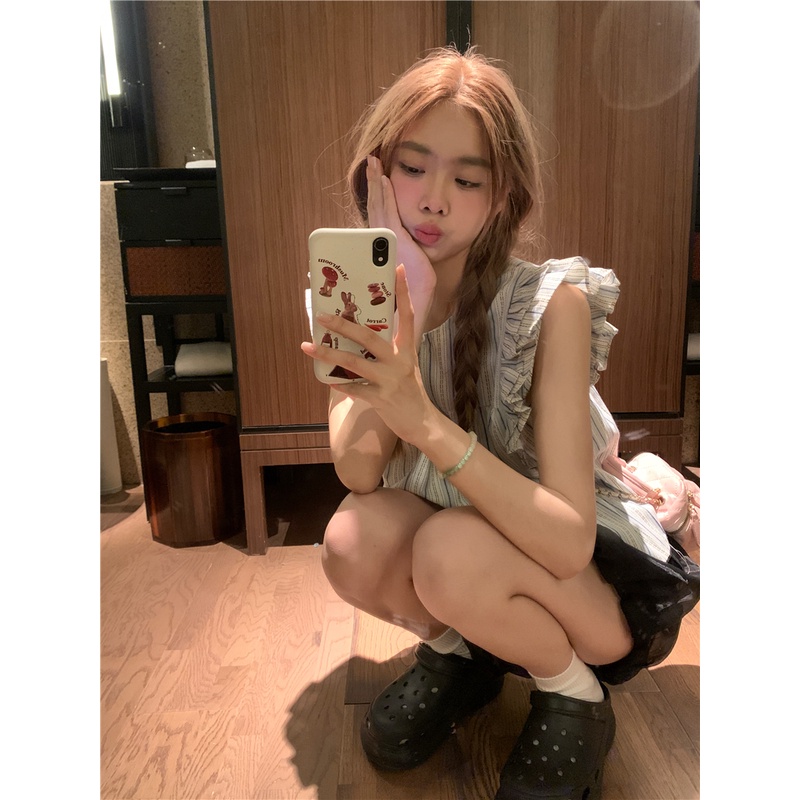 SUXI Áo Sơ Mi Tay Cánh Tiên Dáng Rộng Họa Tiết Kẻ Sọc Phong Cách Vintage Hàn Quốc