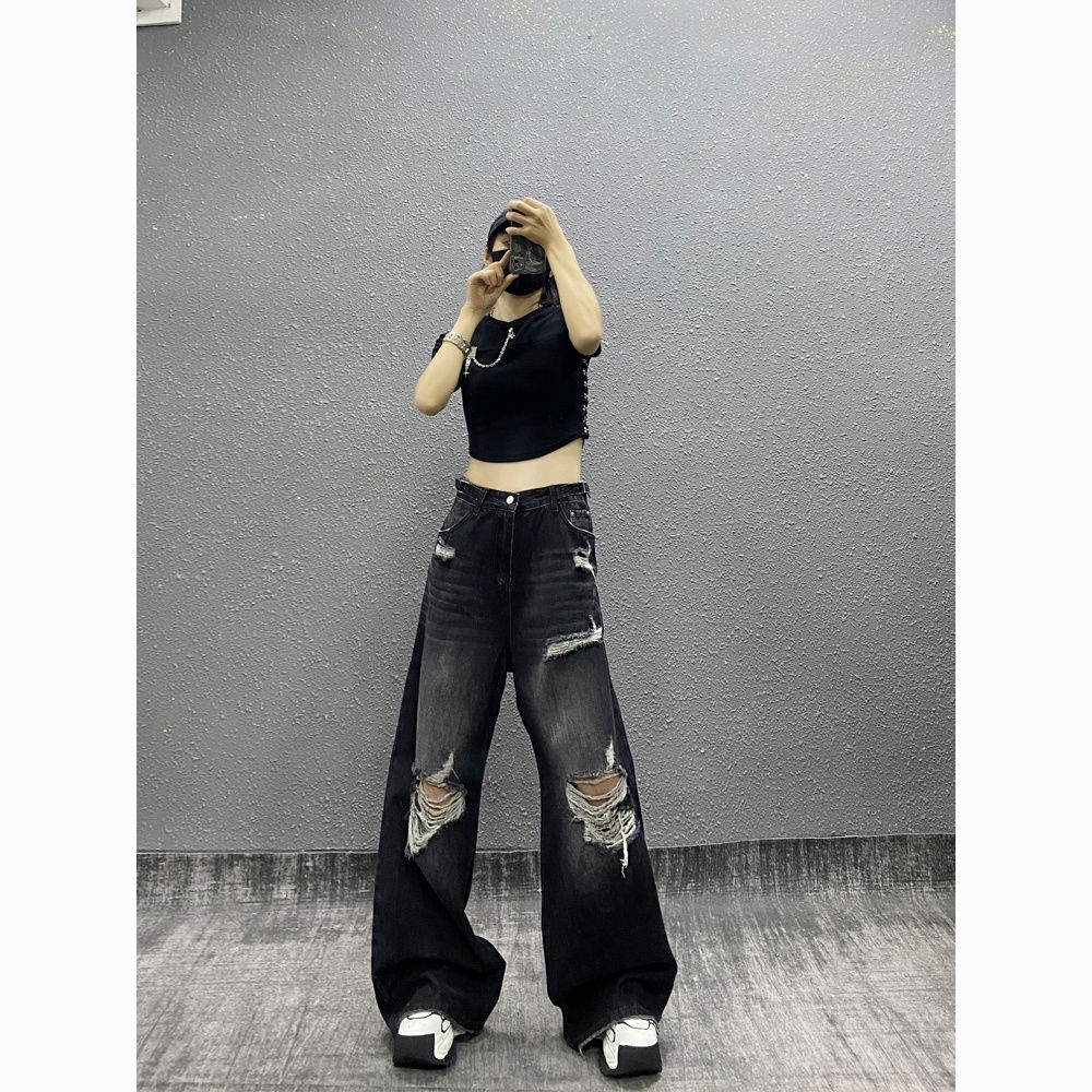 Quần Jean Rách Lưng Cao Ống Rộng Phong Cách Đường Phố Mỹ Thời Trang Mùa Hè Cho Nữ