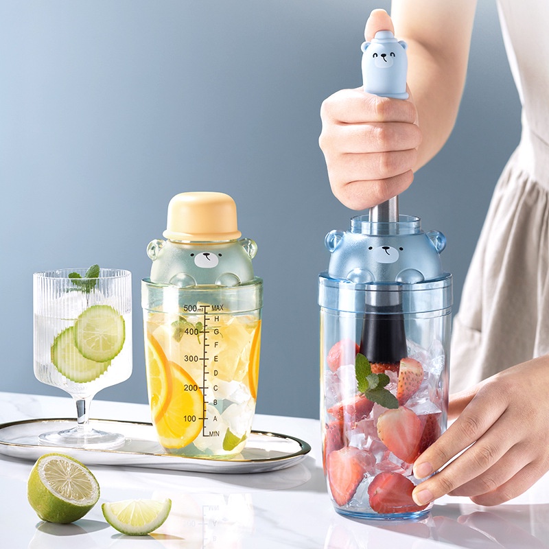 Bình Lắc Shaker Nhựa,Bình lắc pha chế shaker kèm bộ dụng cụ đầy đủ 3 món