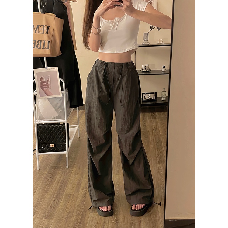 SUXI Quần ống rộng Lưng Cao Phối Dây Rút Thời Trang Mùa Hè Phong Cách Vintage