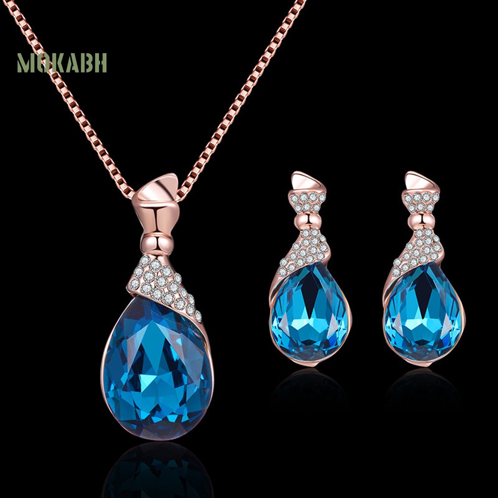 [Mok Abh] Bộ Vòng cổ Và Bông Tai Hình Giọt Nước Có Đính Kim Cương Giả