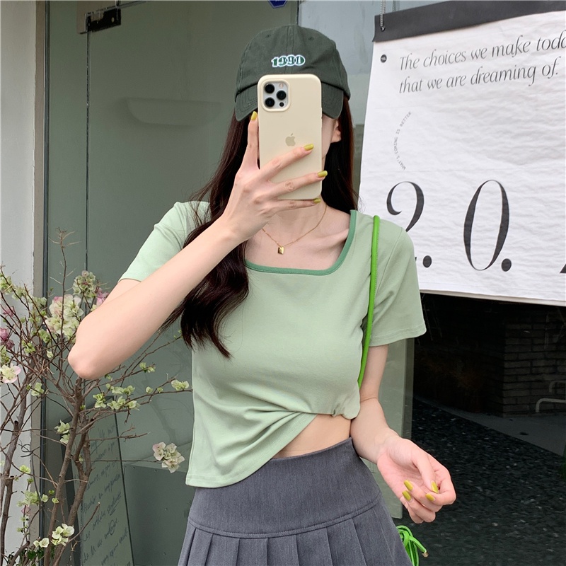 SUXI Áo Thun Croptop Tay Ngắn Màu Sắc Tương Phản Phong Cách Vintage Dành Cho Nữ