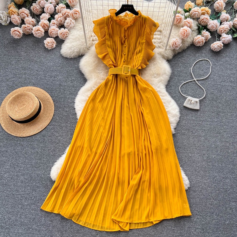 Đầm Chiffon Dáng Dài Eo Hẹp Phối Thắt Lưng Phong Cách Hepburn Pháp Thời Trang Mùa Hè Cao Cấp Cho Nữ
