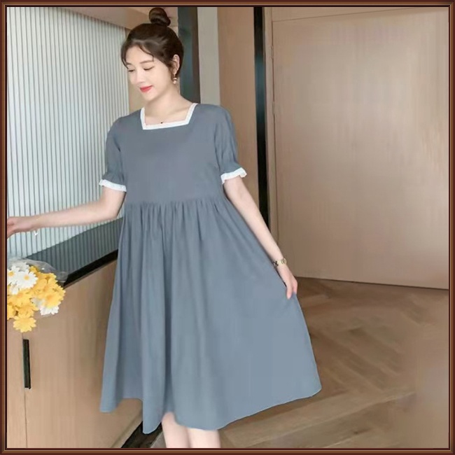 Đầm Midi Chữ A Tay Ngắn Cổ Vuông Dáng Rộng Màu Sắc Đơn Giản Thời Trang Mùa Hè Cho Nữ