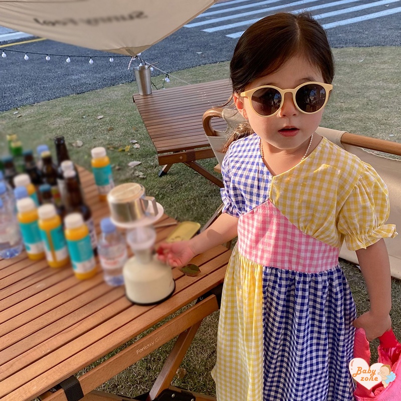 Đầm Công Chúa Tay Ngắn Phồng Cổ Chữ V In Họa Tiết Caro Thời Trang Mùa Hè Hàn Quốc Cho Bé Gái