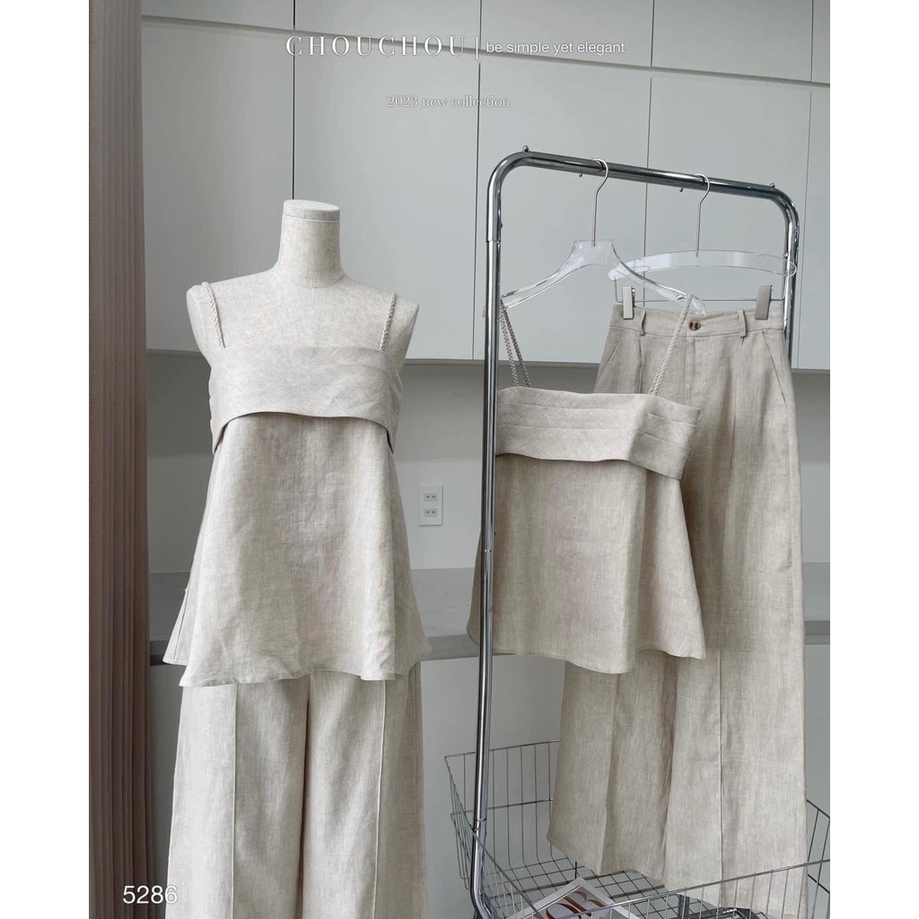 Set linen nude 2 dây xếp ly chanh sả
