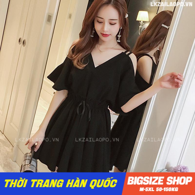 Đầm Bigsize Váy nữ dáng suông tay ngắn cổ chữ v hở vai thắt eo mùa hè Phong cách Hàn Quốc Thời Trang tiểu thư cá tính xinh đẹp cho người mập béo