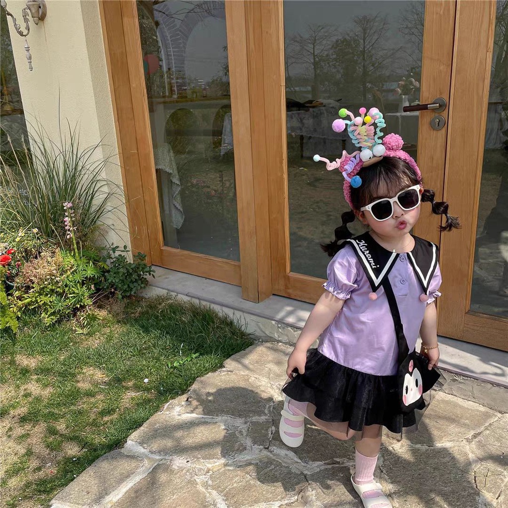 Đầm Tay Ngắn Phồng Cổ Thủy Thủ In Hoạt Hình Kuromi Kiểu Nhật Bản Thời Trang Mùa Hè Cho Bé Gái