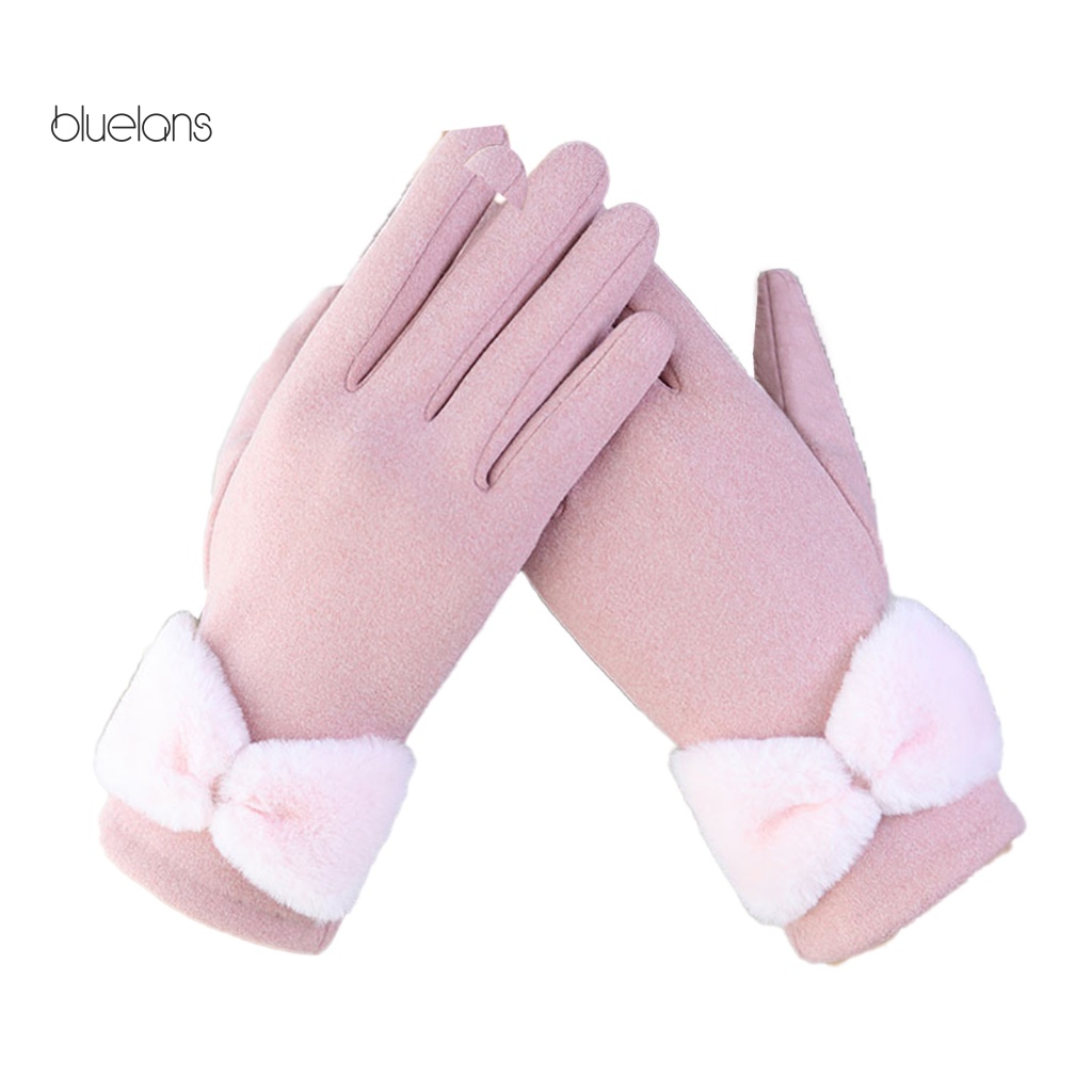 1 Đôi Găng Tay Lái Xe Hai Mặt Vải Lông Cừu Dày Màu Trơn Trang Trí Nơ Dùng Được Màn Hình Cảm Ứng