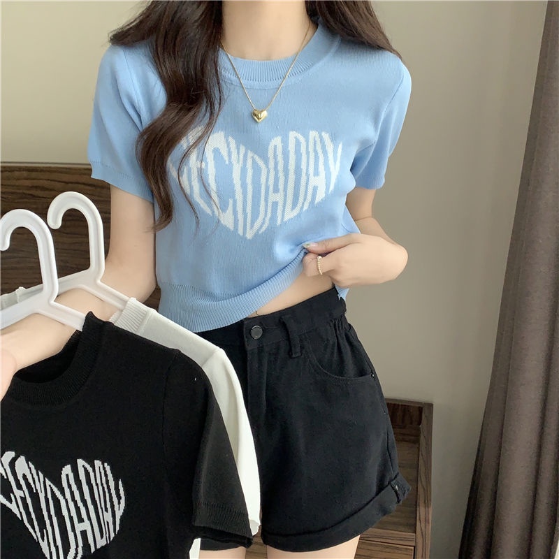 DIDIKA Áo Thun Croptop Dệt Kim Tay Ngắn In Chữ Thời Trang Mùa Hè Xinh Xắn Cho Nữ