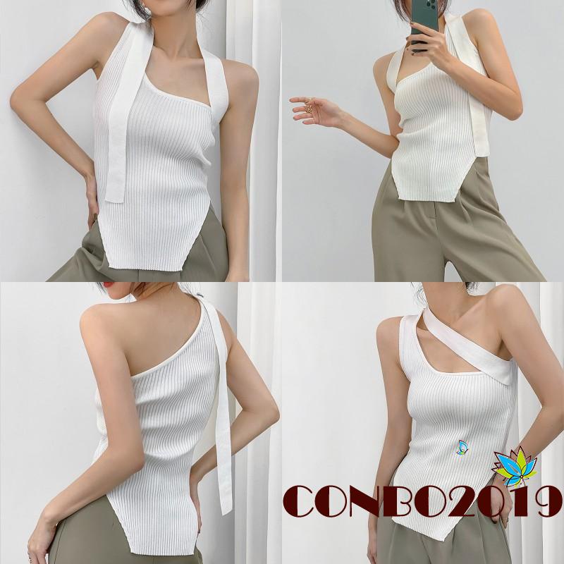 Hgm- Áo Tank Top Hai Dây Dệt Kim Viền Gân Không Đều Màu Trơn Cho Nữ