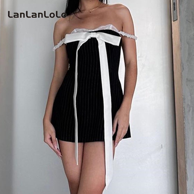 Đầm Trễ Vai Phối Ren Màu Trơn Đính Nơ Ngọt Ngào Thời Trang 2023 Cho Nữ