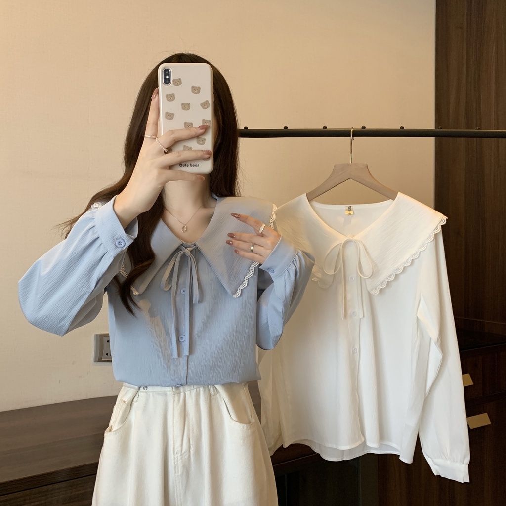 Áo Sơ Mi Tay Dài Màu Sắc Trơn Có Dây Cột Phong Cách Pháp Thời Trang Xuân Hè Cho Nữ