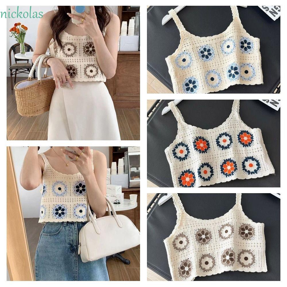 Áo Croptop Dệt Kim Không Tay Cổ Vuông In Hoa Nhiều Màu Phong Cách Bohemian Thời Trang Mùa Hè Cho Nữ