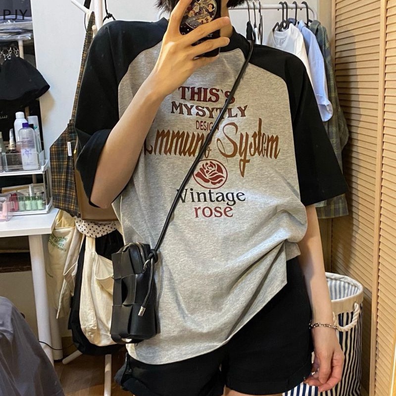 Áo Thun Ngắn Tay Cổ Tròn Dáng Rộng In Chữ Phối Màu Tương Phản Thời Trang Mùa Hè Cho Nữ PJ