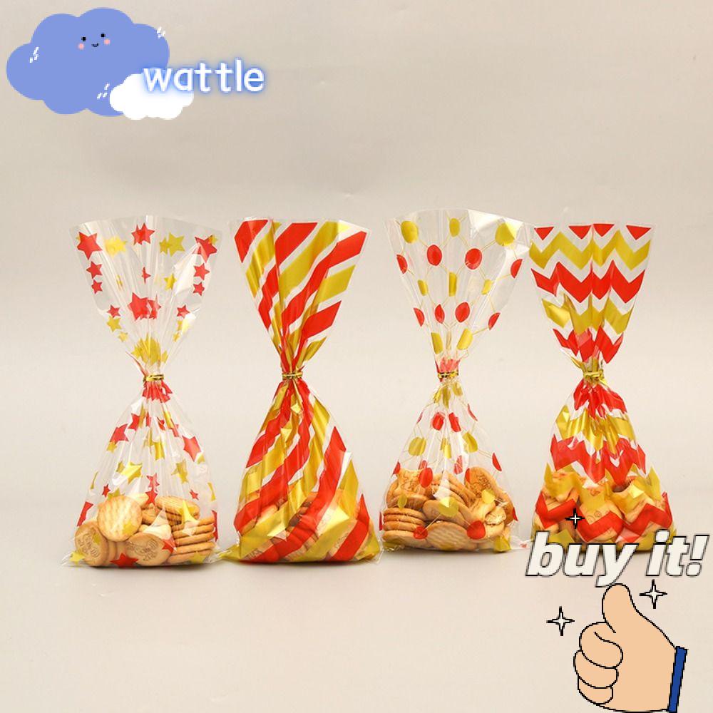 WATTLE Bộ 50 Túi Đựng Kẹo Bằng Nhựa Họa Tiết Chấm Bi Màu Vàng Hồng Sọc Xanh Dương Có Dây Buộc Xoắn Dùng Một Lần Cho Trường Học