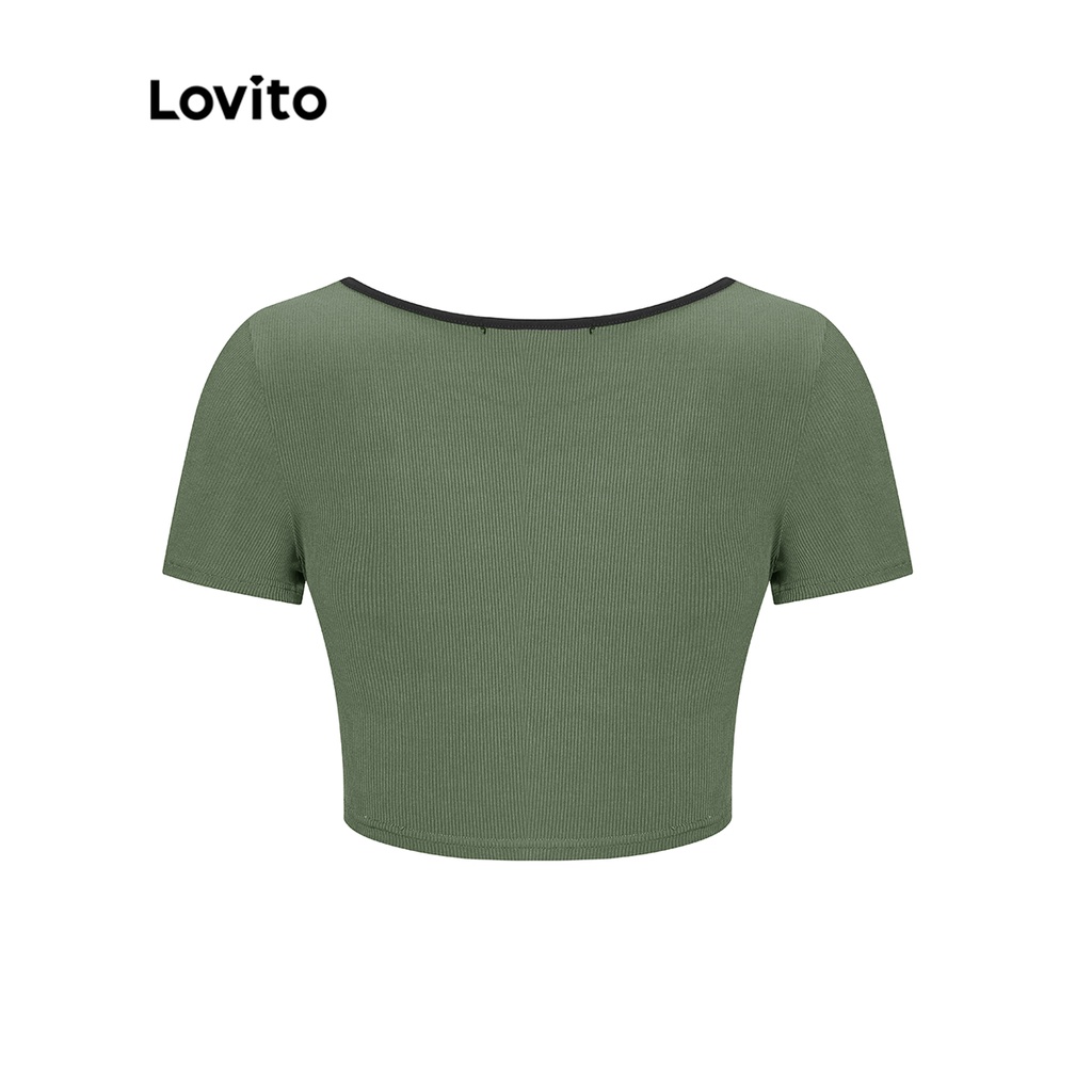 Lovito Áo thun Colorblock trơn phối ren giản dị cho nữ L55AD040 (Màu xanh lá)