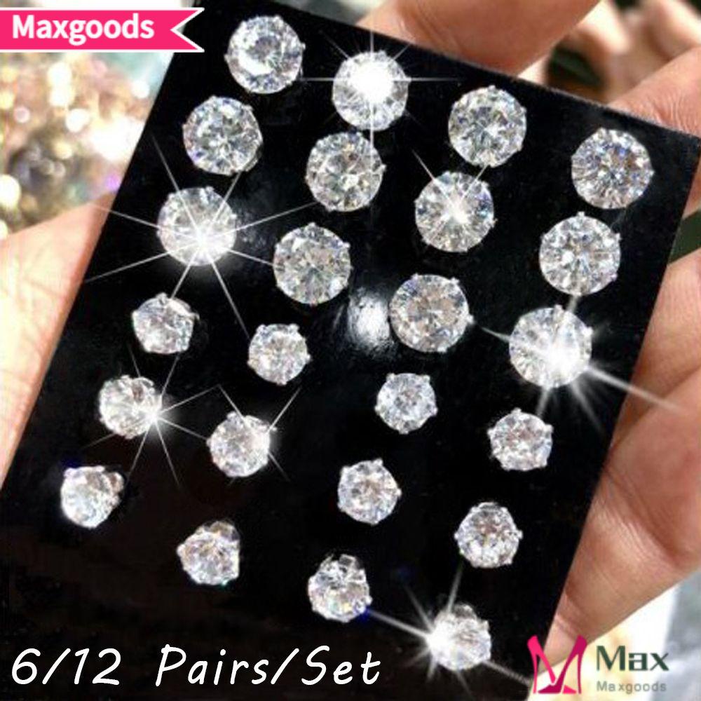 MAXG Set 6 / 12 Đôi Bông Tai Tròn Đính Đá Đơn Giản