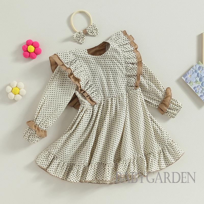 Đầm Tay Dài Cổ Tròn Họa Tiết Chấm Bi Dành Cho Bé Gái 3-7 Tuổi