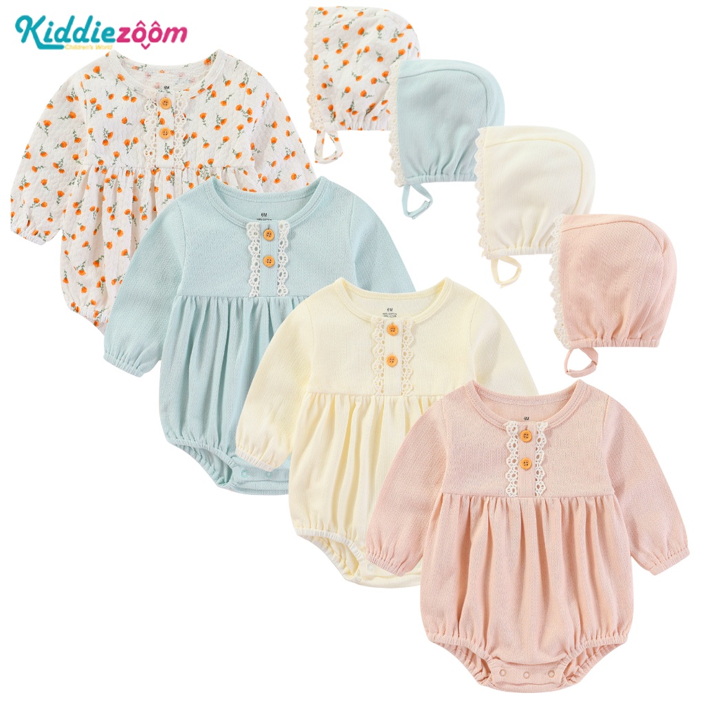 Bộ Áo Liền Quần Tay Dài + Mũ Ren Xinh Xắn Cho Bé Gái Sơ Sinh