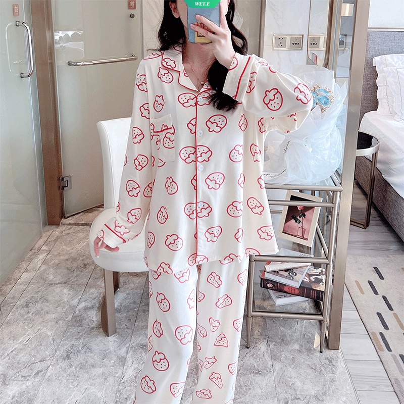 Bộ Đồ Ngủ Tay Dài In Họa Tiết Dâu Tây Phong Cách Hàn Quốc Thời Trang Xuân Thu 2023