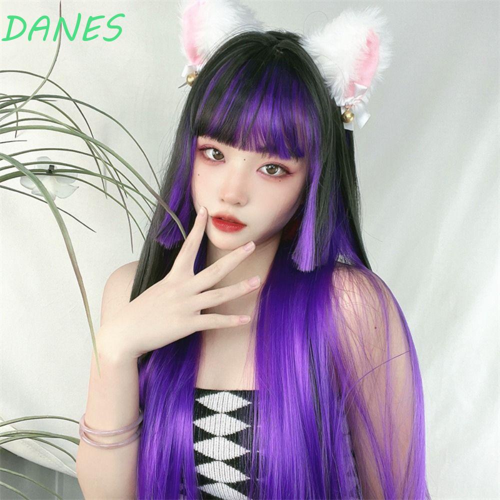 DANES Tóc Giả Dài Thẳng Màu Đỏ Tím Phong Cách Hoạt Hình Bằng Sợi Chịu Nhiệt