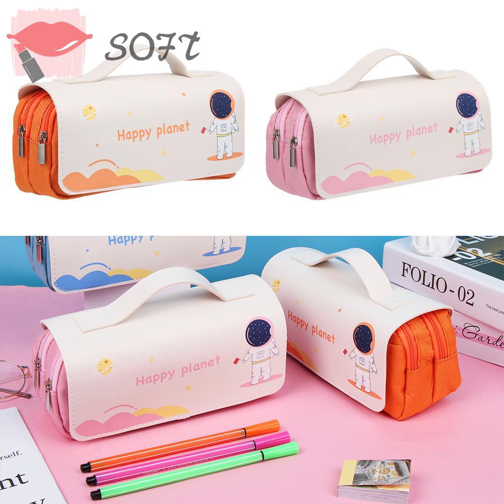 SOFTNESS Túi Đựng Bút Chì / Đồ Trang Điểm Hai Ngăn Sức Chứa Lớn Có Khóa Kéo In Hình