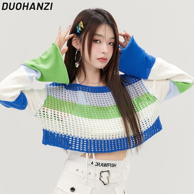 DUOHANZI Áo thun dệt kim tay dài cổ tròn dáng rộng họa tiết kẻ sọc màu tương phản thời trang cho nữ