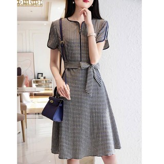 Thời Trang Thanh Lịch Phụ Nữ Hàn Quốc Mùa Hè Tay Ngắn Đầu Gối Đầm Retro Kẻ Sọc Thời Trang Ôm Hơn Áo Cotton Polyester Nữ Giảm Tuổi Váy Chữ A Đi Lại Đầm Thanh Lịch