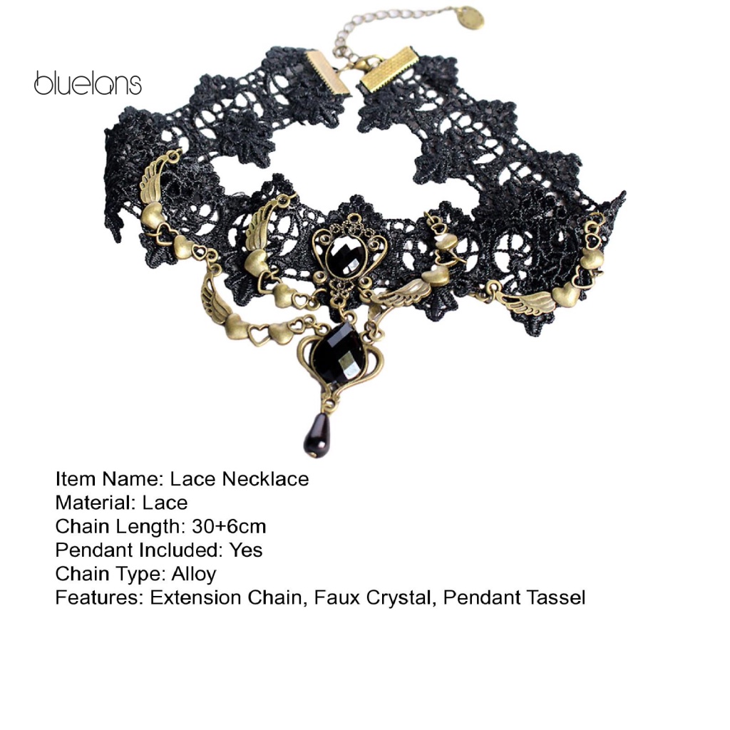 Vòng Cổ Choker Ren Màu Đen Gắn Đá Pha Lê Nhân Tạo Phối Tua Rua Phong Cách Gothic Punk Cho Nữ