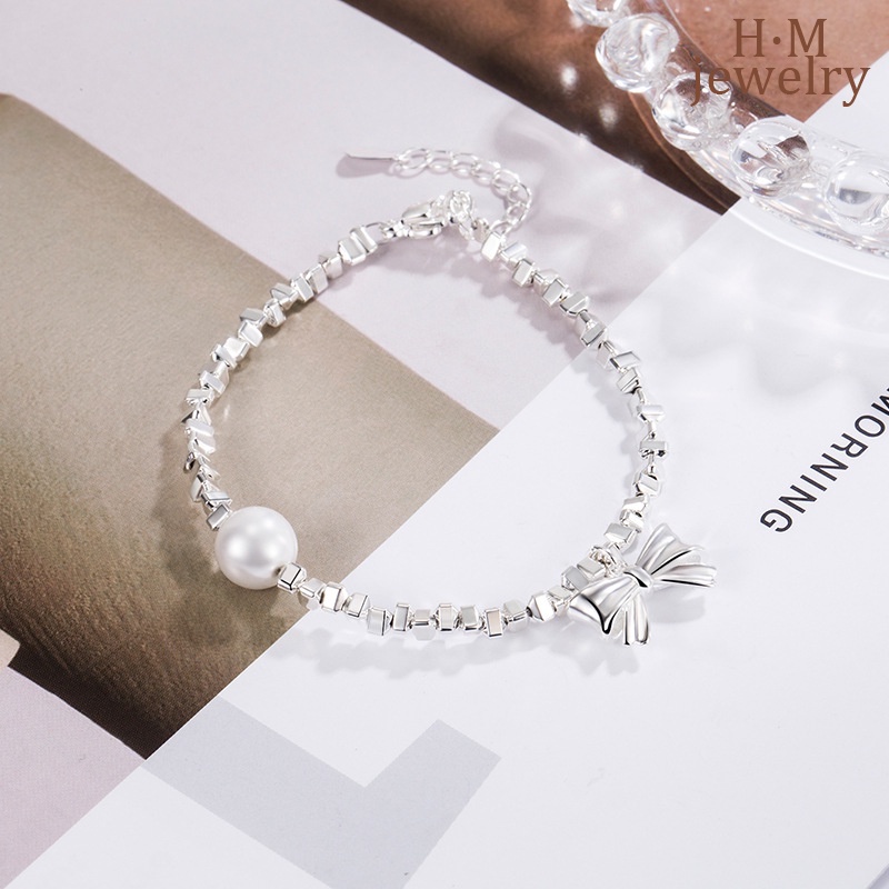 Vòng Tay Mạ Bạc 925 Hình Nơ Đính Ngọc Trai Đơn Giản Dễ Phối Đồ