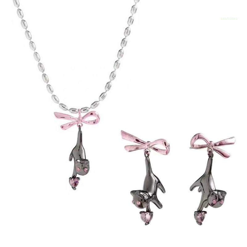 Bộ Vòng cổ + Bông Tai Hợp Kim Hình Mèo Thắt Nơ Đáng Yêu Thời Trang Cho Nữ