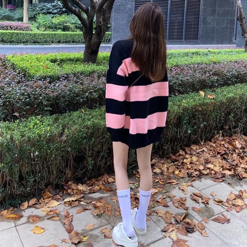 Áo Sweater Dệt Kim Tay Dài Dáng Rộng Cổ Tròn In Chữ Phong Cách Hàn Quốc Thời Trang Cho Nữ