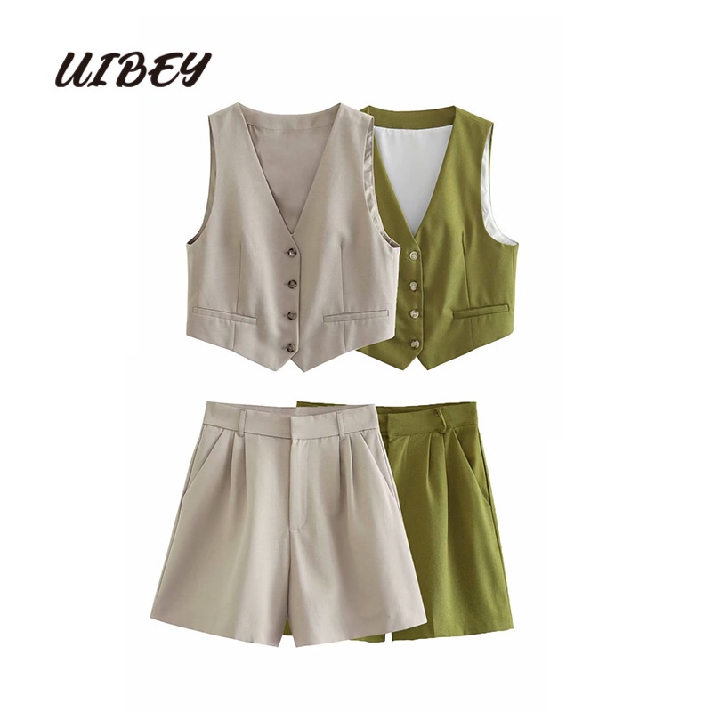 Uibey Bộ Áo Vest Cổ Chữ V Cài Khuy + Quần Short Lưng Cao Thời Trang 7717
