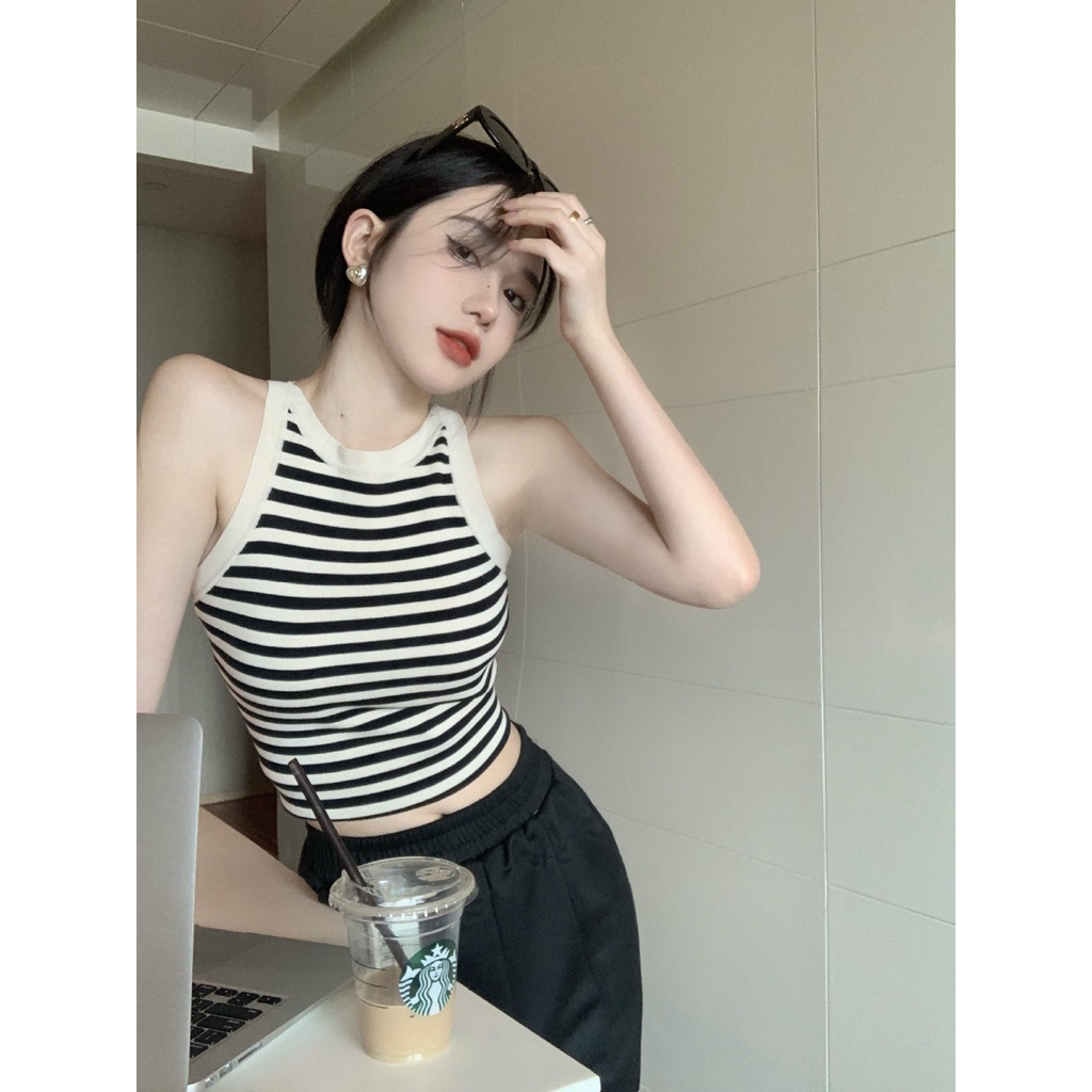 Áo Dệt Kim Hai Dây Ôm Dáng Họa Tiết Kẻ Sọc Thời Trang Mùa Hè Cho Nữ