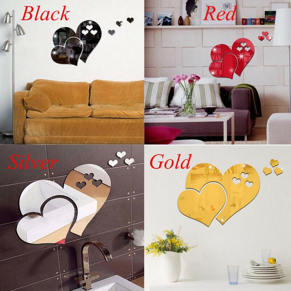 Đề Can Acrylic Hình Trái Tim 3D Tráng Gương Dán Tường Trang Trí Phòng Khách