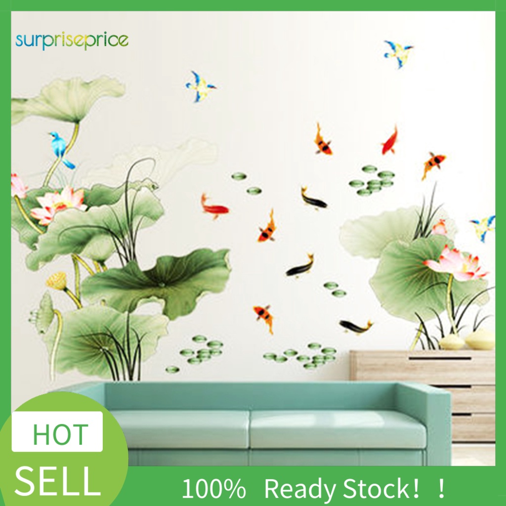 Set 2 Miếng Dán Tường Chống Nước Tự Dính Họa Tiết Hoa Sen / Chim Bay Phong Cách Trung Hoa Trang Trí Phòng Ngủ