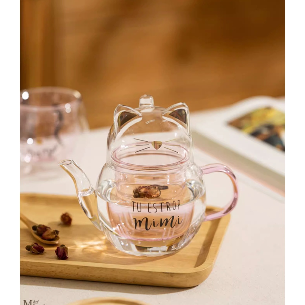 Bộ Ấm Trà Bằng Thủy Tinh Chịu Nhiệt Độ Cao Hình Mèo Dễ Thương