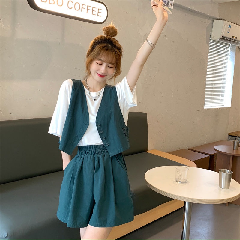 Bộ Áo Khoác Vest Không Tay / Quần Đùi Phong Cách Retro Thời Trang Cho Nữ