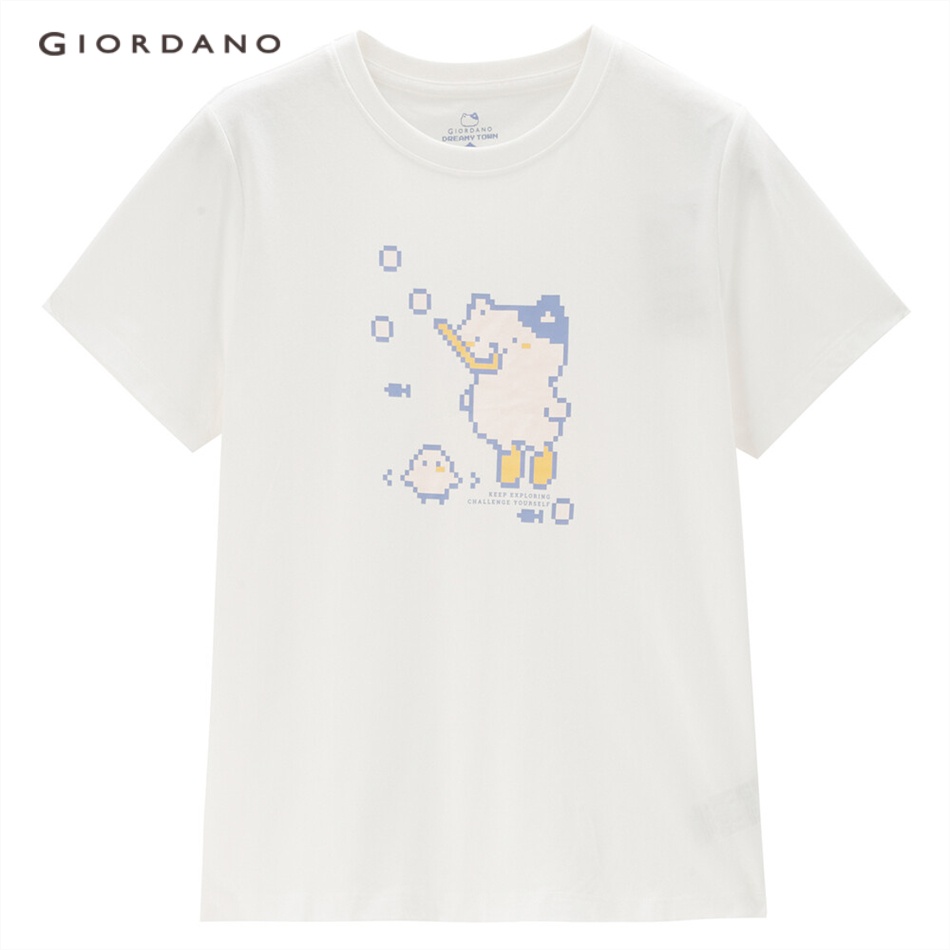 Áo thun cotton GIORDANO 05393205 tay ngắn in hình mèo dễ thương cho nữ