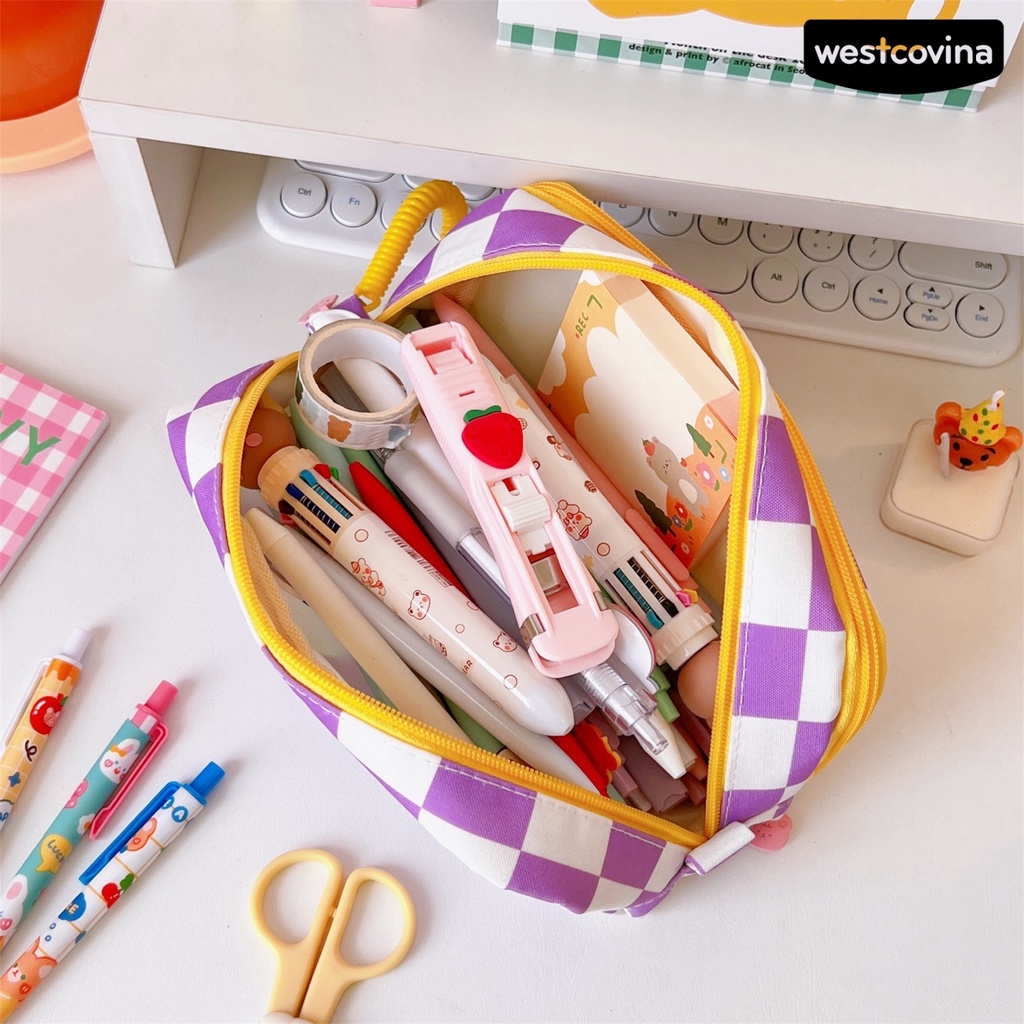 [WSTN]✎Hộp Đựng Bút Họa Tiết Kẻ Ô Dày Dặn Chống Bụi Bẩn Tiện Dụng Cho Trường Học