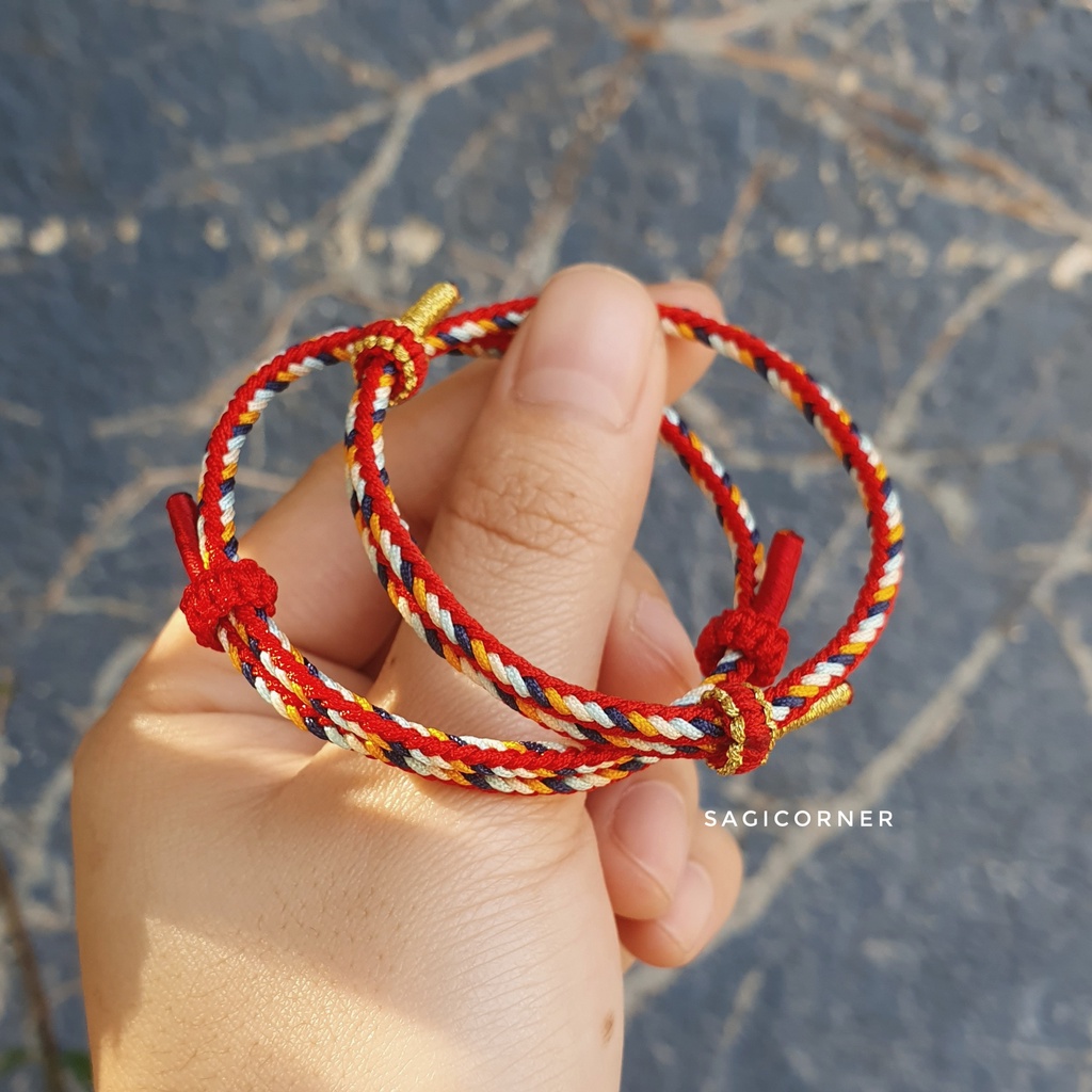 Vòng tay may mắn chỉ đỏ + xanh biển, vàng cam | Vòng ngũ sắc handmade