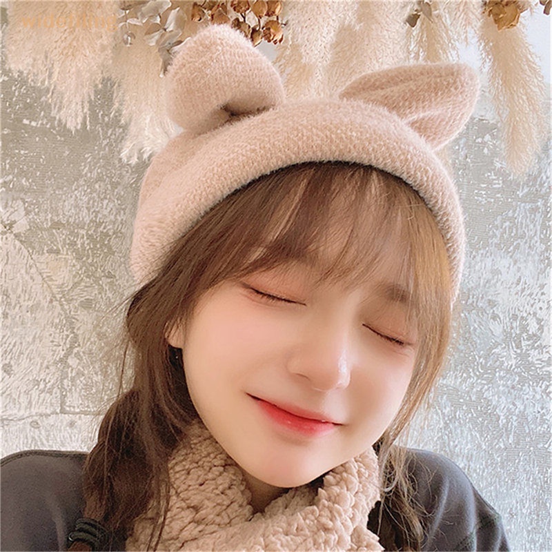 Mũ Len Beanie Đính Tai Thỏ Dễ Thương Cho Nữ