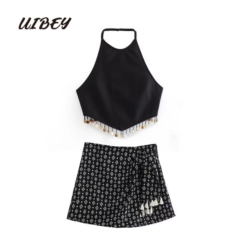 Uibey Bộ Áo Dây + Chân Váy Dài In Họa Tiết Xinh Xắn 9542