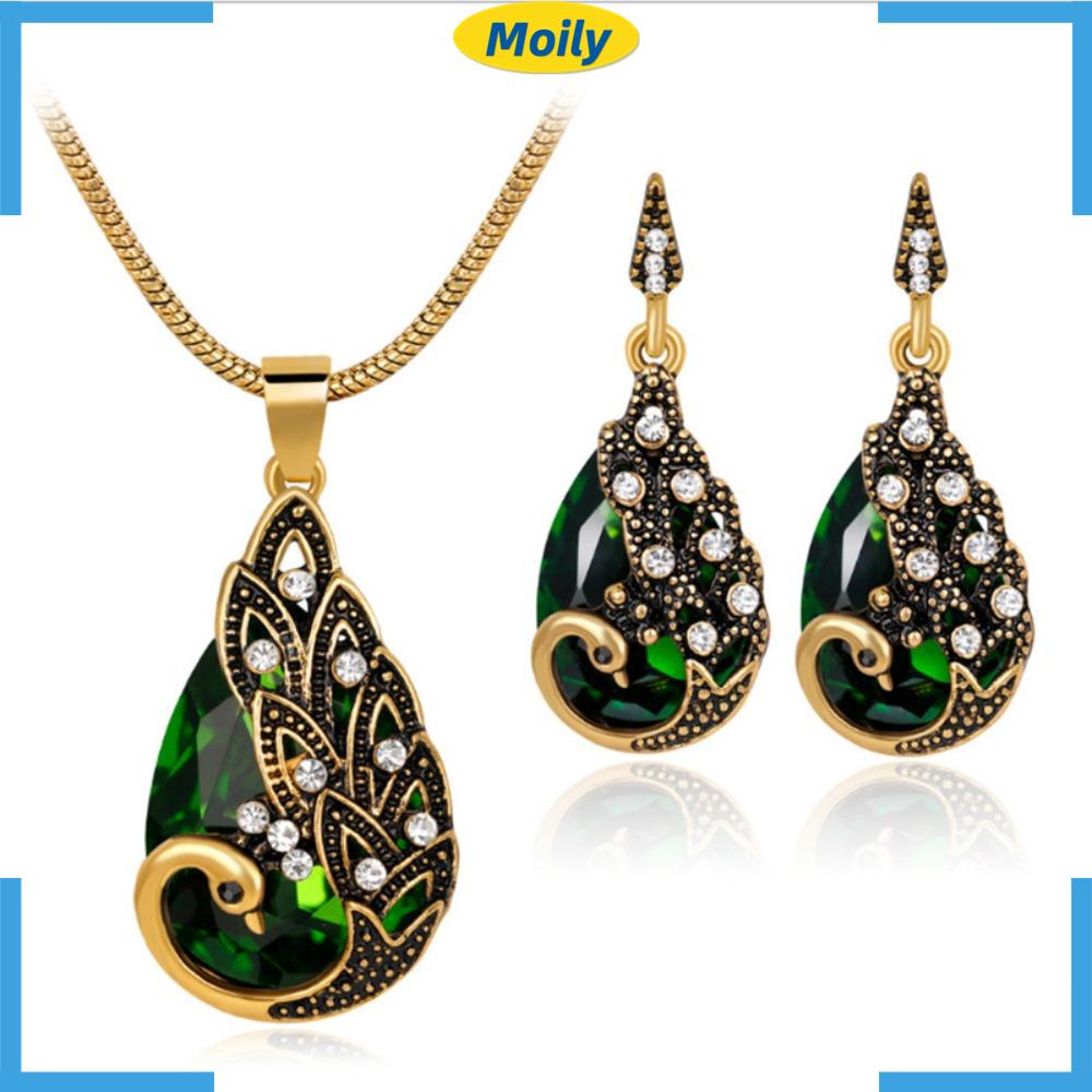 MOILYVN Bộ Trang Sức Vòng cổ Bông Tai Kim Loại Hình Chim Công Đính Đá Pha Lê Mới Dành Cho Nữ